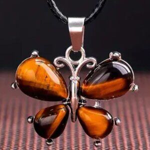Tiger Eye Natural Stone Cute Butterfly Pendant Necklace Gemstone Pendant